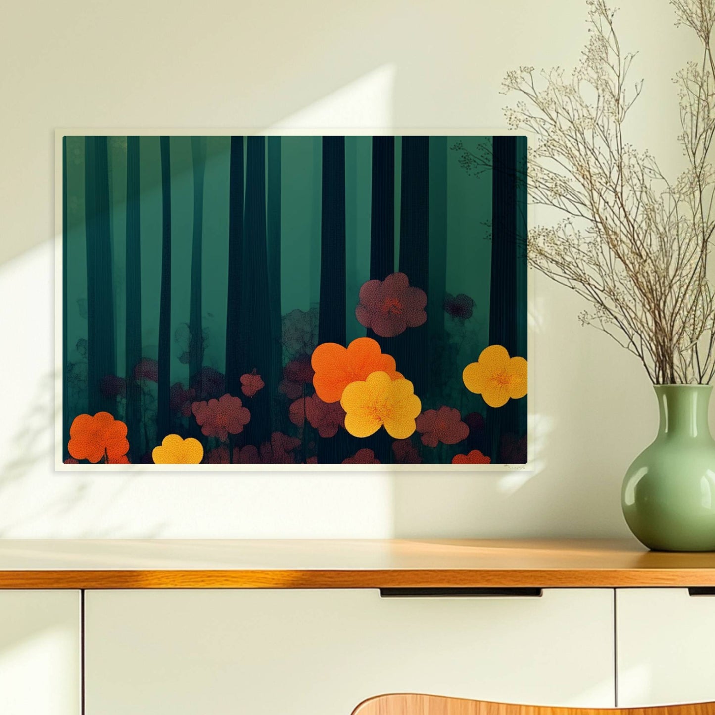 Leuchtend orangefarbene und gelbe Blumen vor tiefgrünem Waldhintergrund – starke Kontraste und natürliche Schönheit.. Ohne Rahmen 70x50