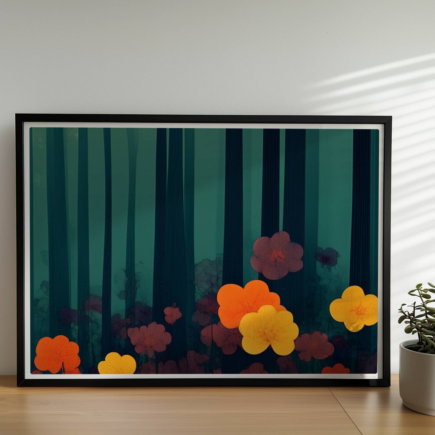 Leuchtend orangefarbene und gelbe Blumen vor tiefgrünem Waldhintergrund – starke Kontraste und natürliche Schönheit.. Rahmen schwarz 70x50