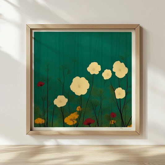 Zarte weiße und gelbe Blumen in ruhiger grüner Landschaft bei sanftem Licht – feine Details, beruhigende Optik.. Rahmen natur 30x30