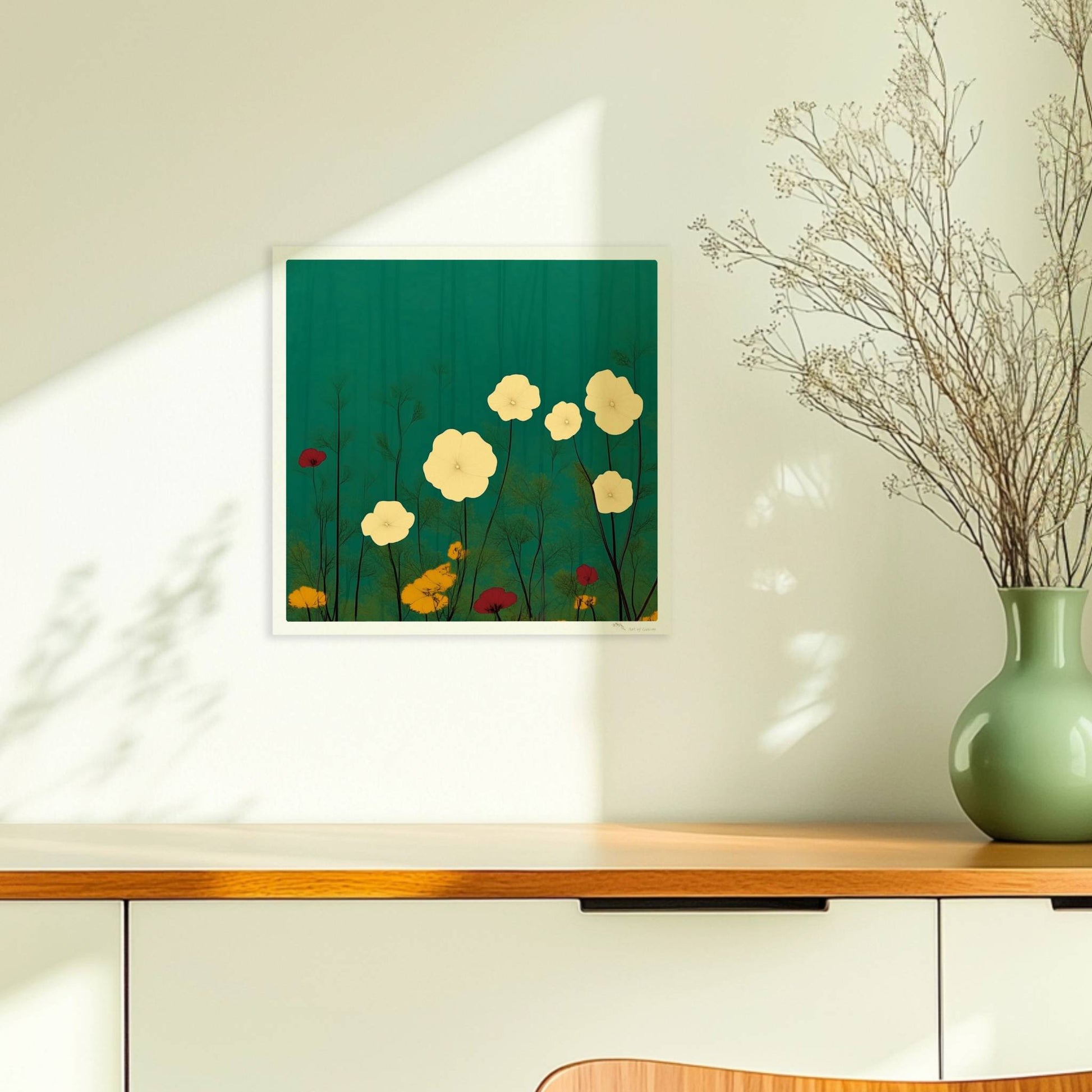 Zarte weiße und gelbe Blumen in ruhiger grüner Landschaft bei sanftem Licht – feine Details, beruhigende Optik.. Ohne Rahmen 30x30