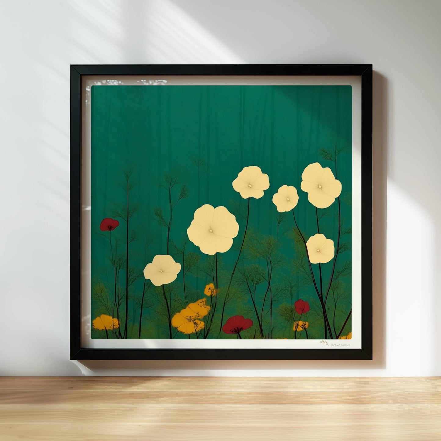 Zarte weiße und gelbe Blumen in ruhiger grüner Landschaft bei sanftem Licht – feine Details, beruhigende Optik.. Rahmen schwarz 30x30