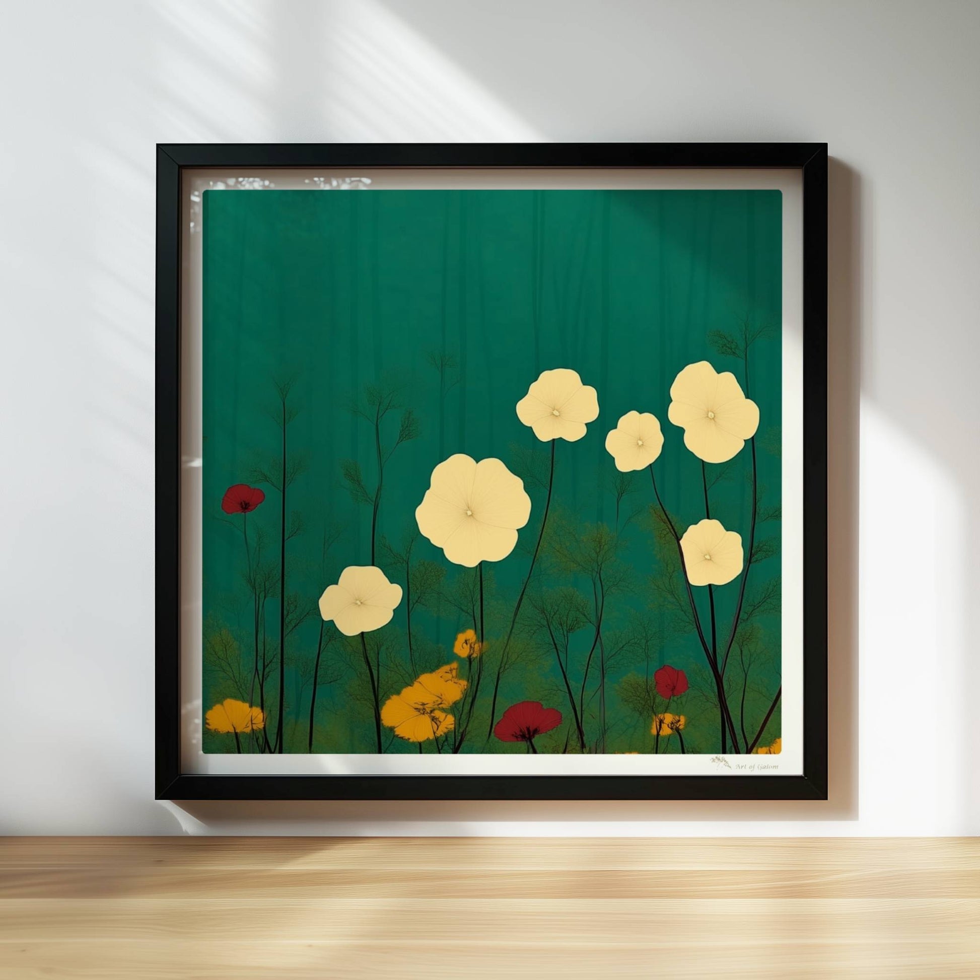 Zarte weiße und gelbe Blumen in ruhiger grüner Landschaft bei sanftem Licht – feine Details, beruhigende Optik.. Rahmen schwarz 30x30