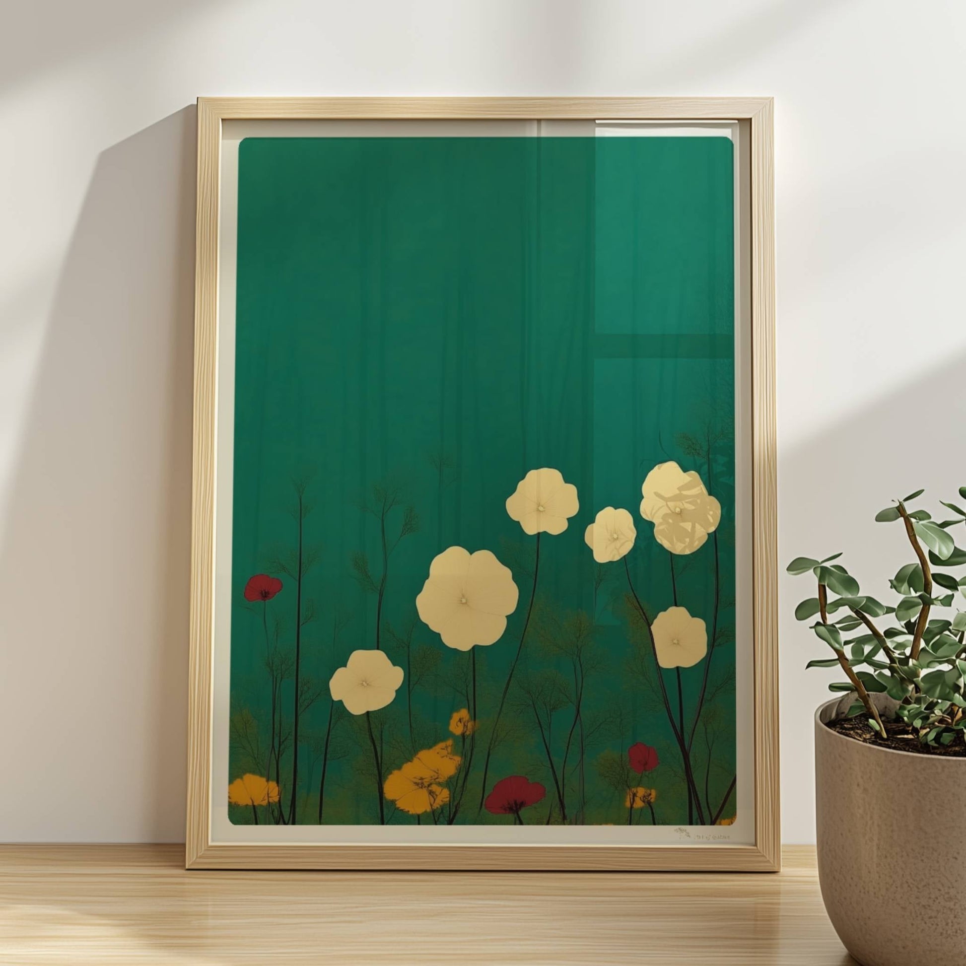 Zarte weiße und gelbe Blumen in ruhiger grüner Landschaft bei sanftem Licht – feine Details, beruhigende Optik.. Rahmen natur 30x40