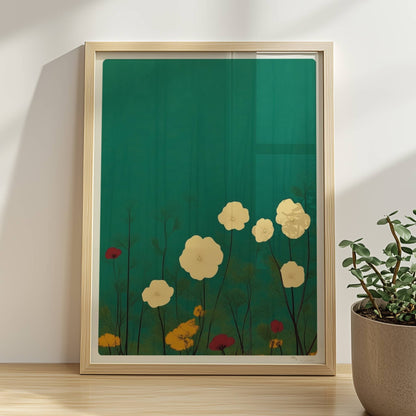 Zarte weiße und gelbe Blumen in ruhiger grüner Landschaft bei sanftem Licht – feine Details, beruhigende Optik.. Rahmen natur 30x40