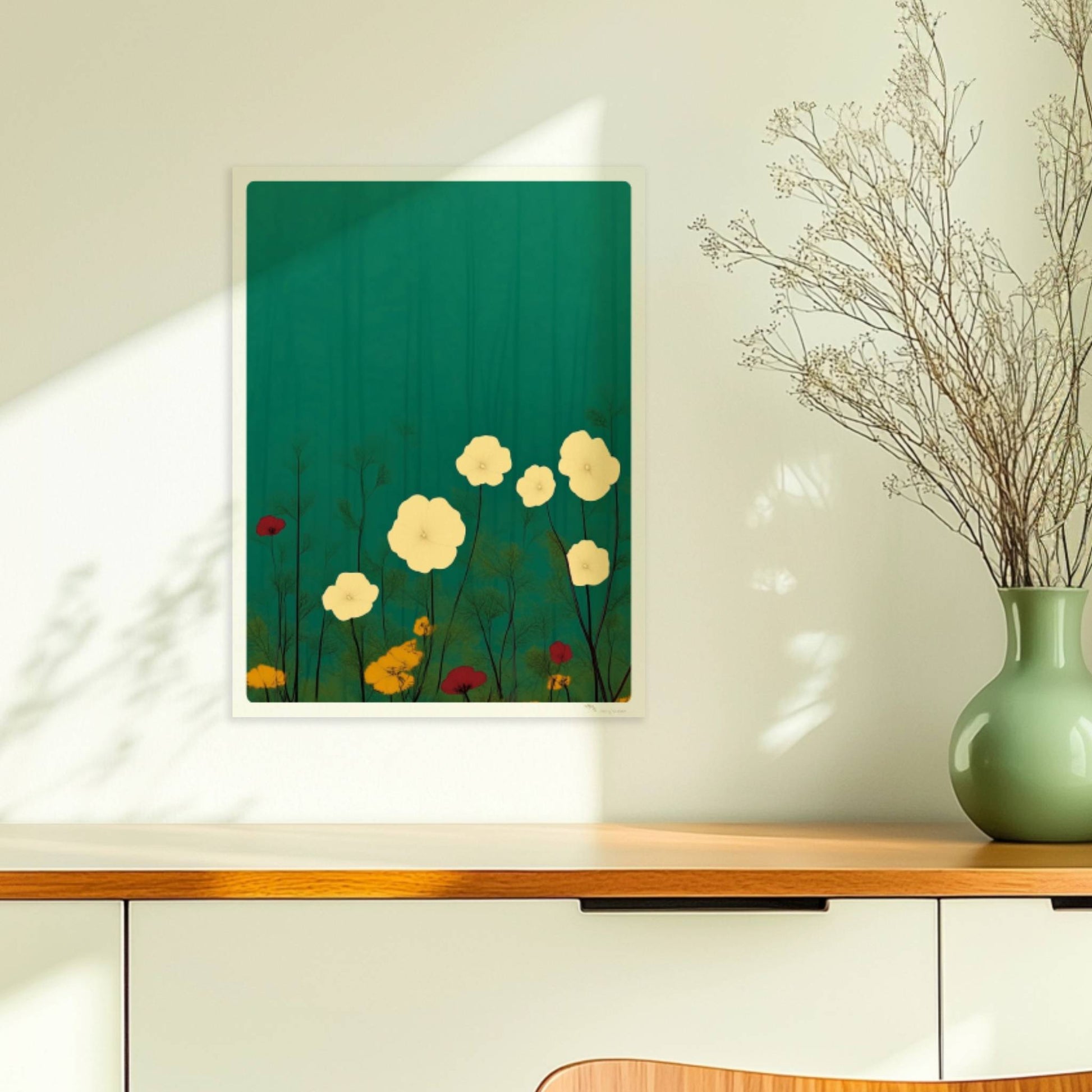 Zarte weiße und gelbe Blumen in ruhiger grüner Landschaft bei sanftem Licht – feine Details, beruhigende Optik.. Ohne Rahmen 30x40