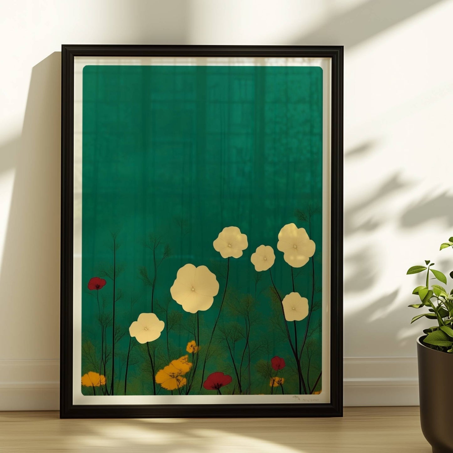 Zarte weiße und gelbe Blumen in ruhiger grüner Landschaft bei sanftem Licht – feine Details, beruhigende Optik.. Rahmen schwarz 30x40