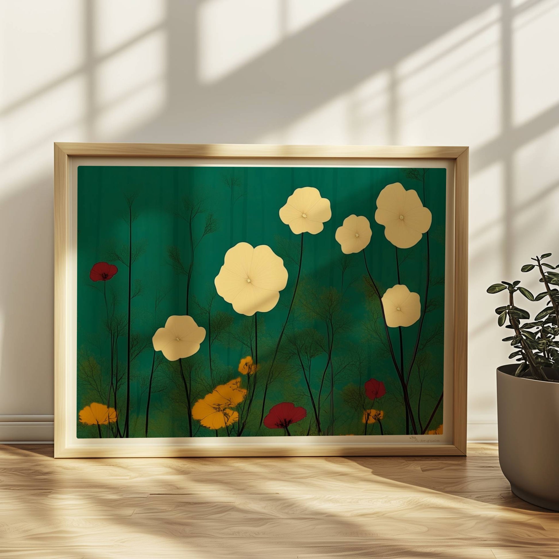 Zarte weiße und gelbe Blumen in ruhiger grüner Landschaft bei sanftem Licht – feine Details, beruhigende Optik.. Rahmen natur 40x30