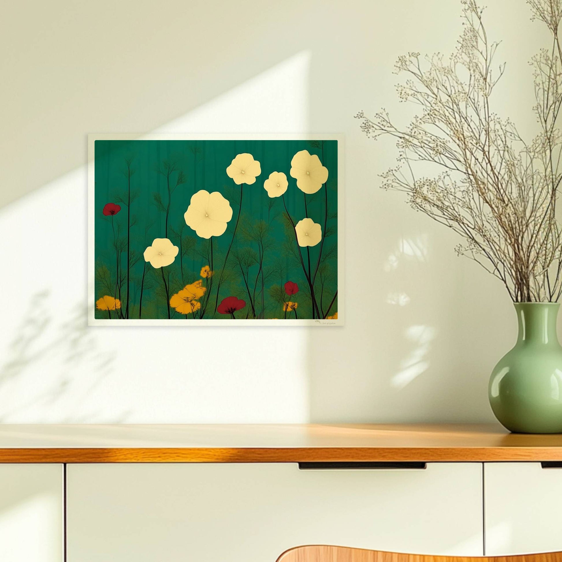 Zarte weiße und gelbe Blumen in ruhiger grüner Landschaft bei sanftem Licht – feine Details, beruhigende Optik.. Ohne Rahmen 40x30
