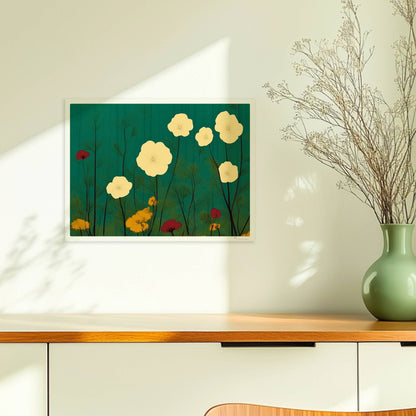 Zarte weiße und gelbe Blumen in ruhiger grüner Landschaft bei sanftem Licht – feine Details, beruhigende Optik.. Ohne Rahmen 40x30