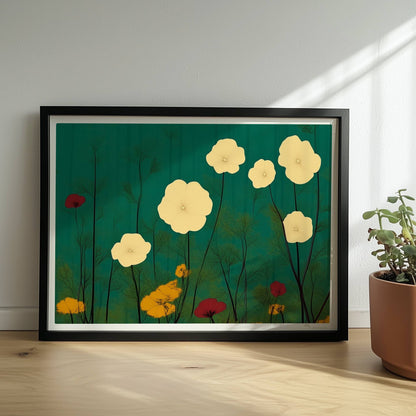 Zarte weiße und gelbe Blumen in ruhiger grüner Landschaft bei sanftem Licht – feine Details, beruhigende Optik.. Rahmen schwarz 40x30
