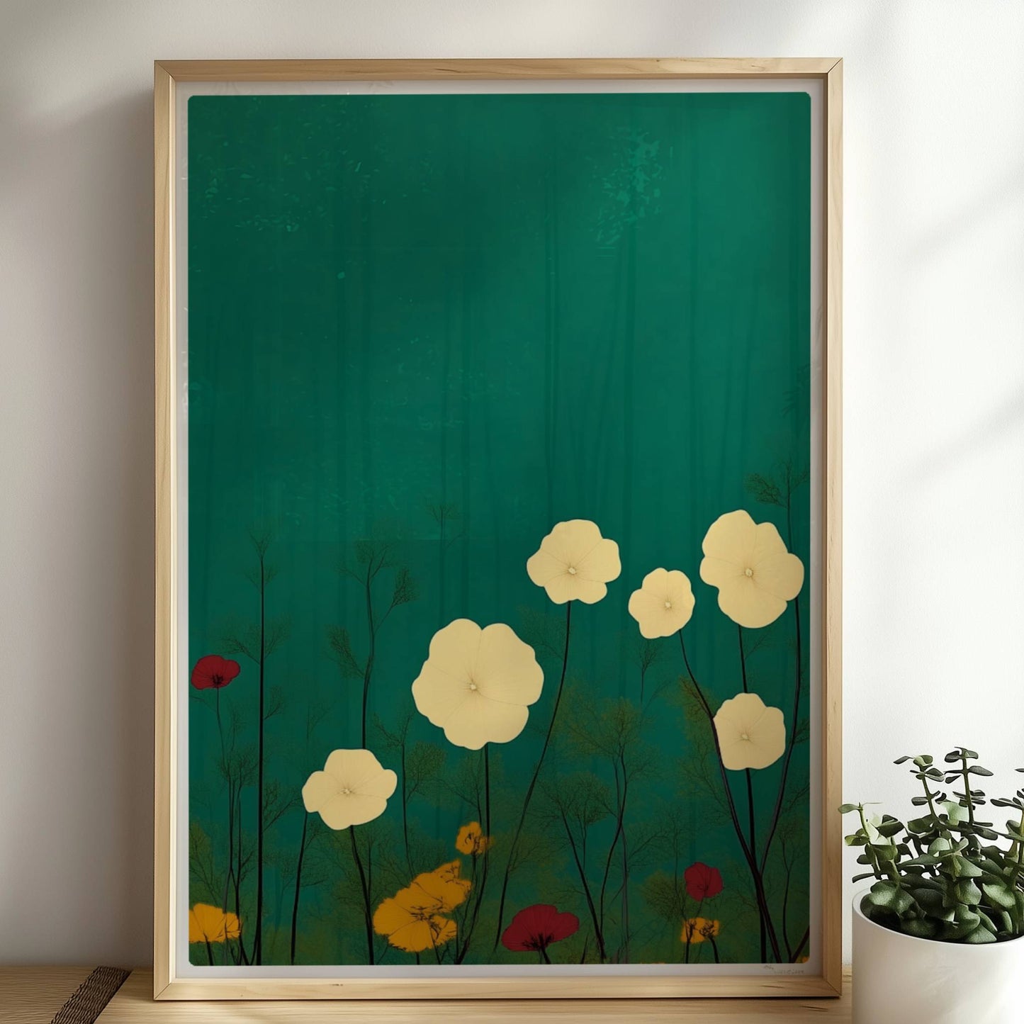 Zarte weiße und gelbe Blumen in ruhiger grüner Landschaft bei sanftem Licht – feine Details, beruhigende Optik.. Rahmen natur 50x70