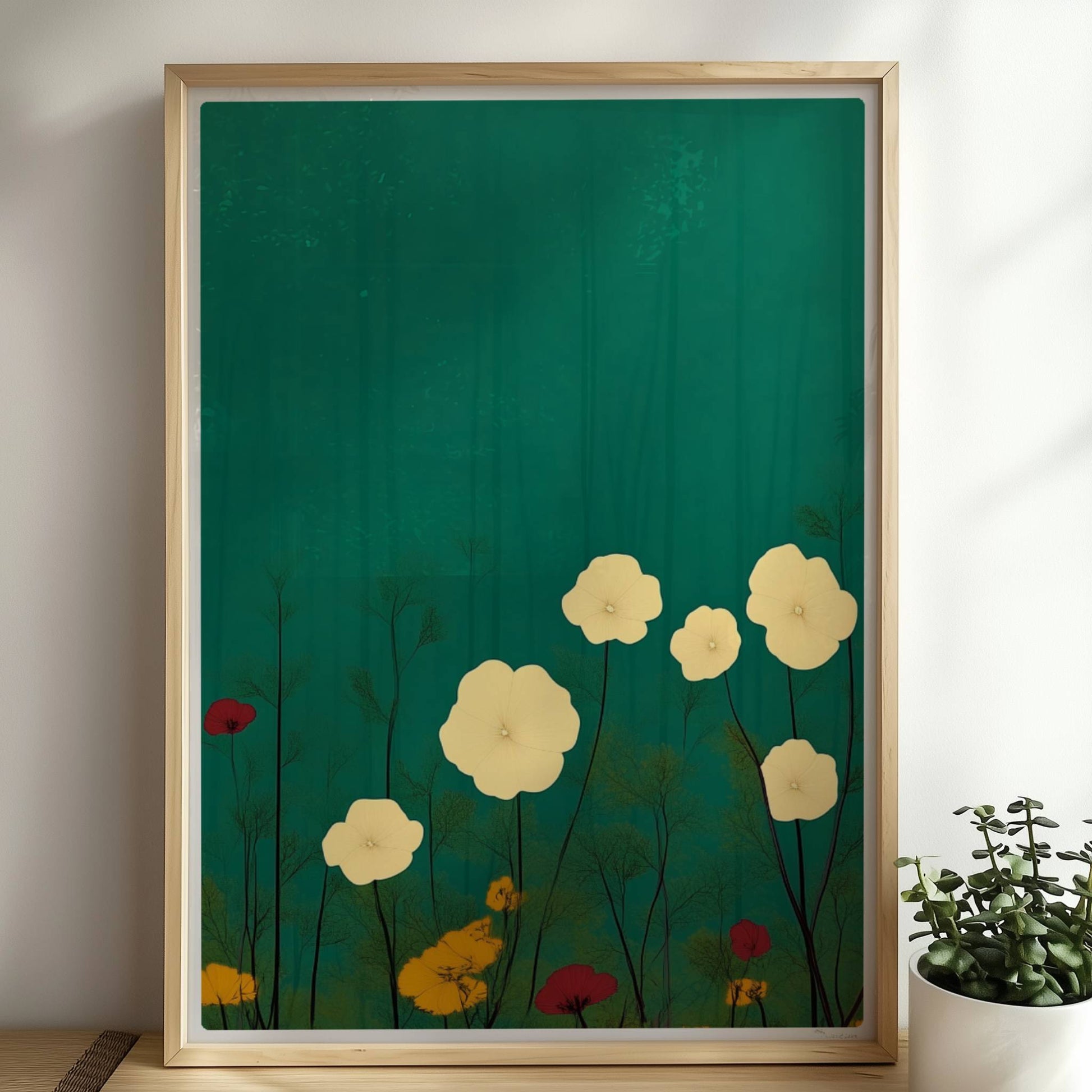 Zarte weiße und gelbe Blumen in ruhiger grüner Landschaft bei sanftem Licht – feine Details, beruhigende Optik.. Rahmen natur 50x70