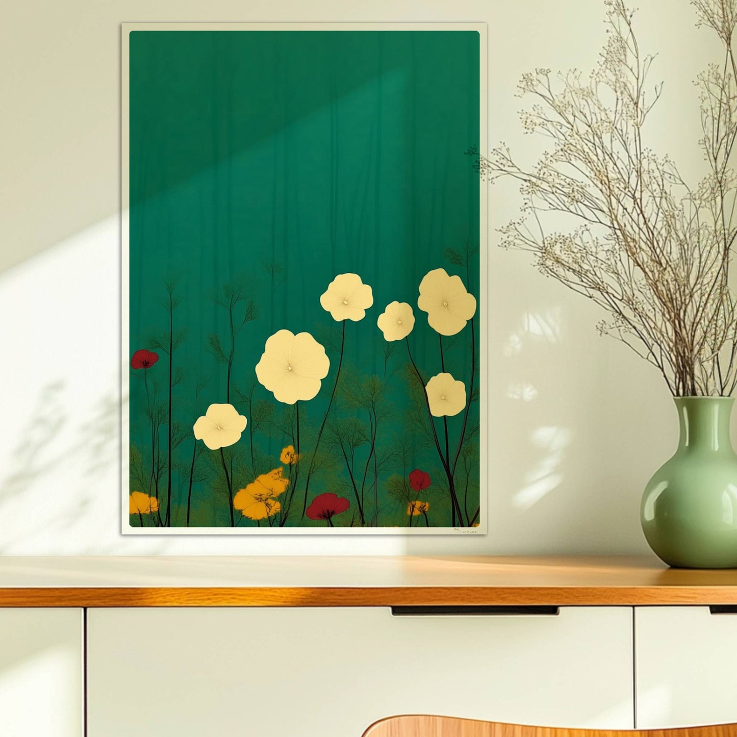 Zarte weiße und gelbe Blumen in ruhiger grüner Landschaft bei sanftem Licht – feine Details, beruhigende Optik.. Ohne Rahmen 50x70