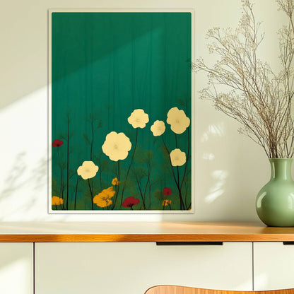 Zarte weiße und gelbe Blumen in ruhiger grüner Landschaft bei sanftem Licht – feine Details, beruhigende Optik.. Ohne Rahmen 50x70
