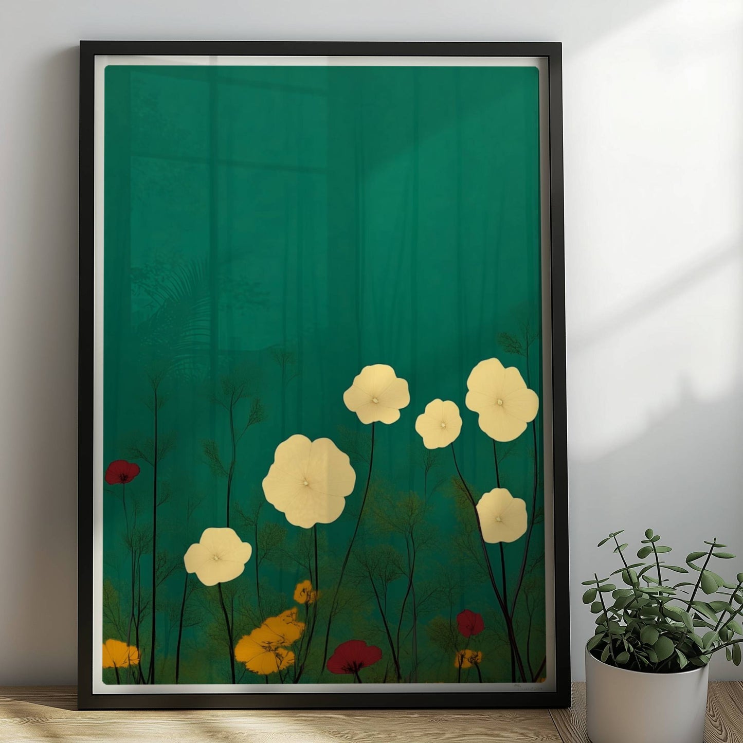 Zarte weiße und gelbe Blumen in ruhiger grüner Landschaft bei sanftem Licht – feine Details, beruhigende Optik.. Rahmen schwarz 50x70