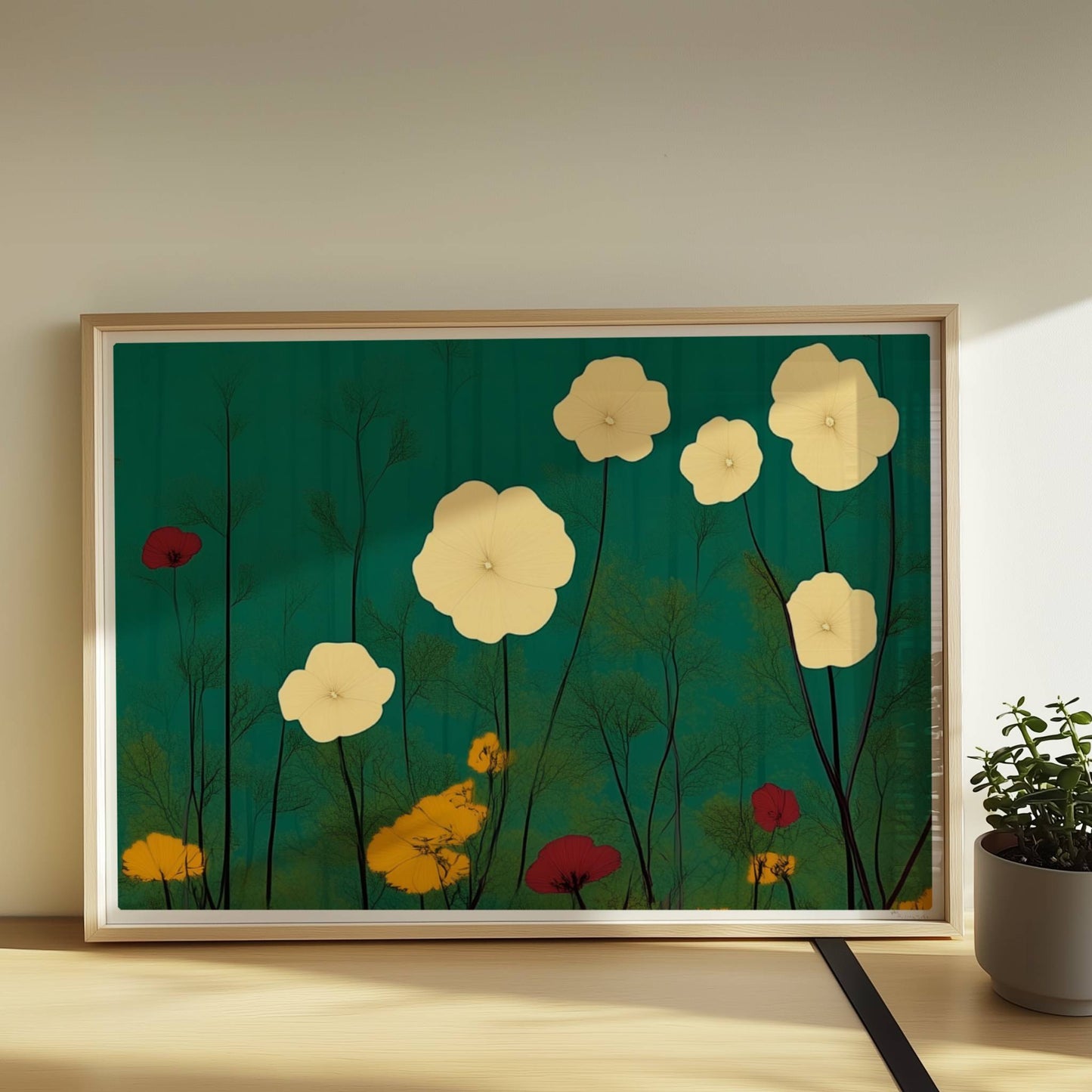 Zarte weiße und gelbe Blumen in ruhiger grüner Landschaft bei sanftem Licht – feine Details, beruhigende Optik.. Rahmen natur 70x50