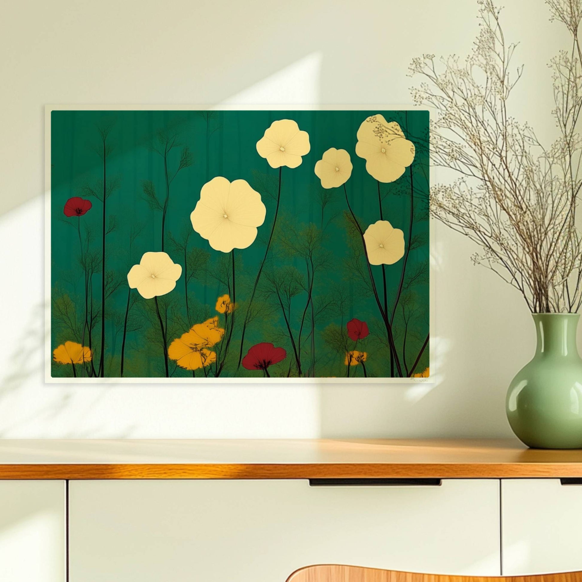 Zarte weiße und gelbe Blumen in ruhiger grüner Landschaft bei sanftem Licht – feine Details, beruhigende Optik.. Ohne Rahmen 70x50