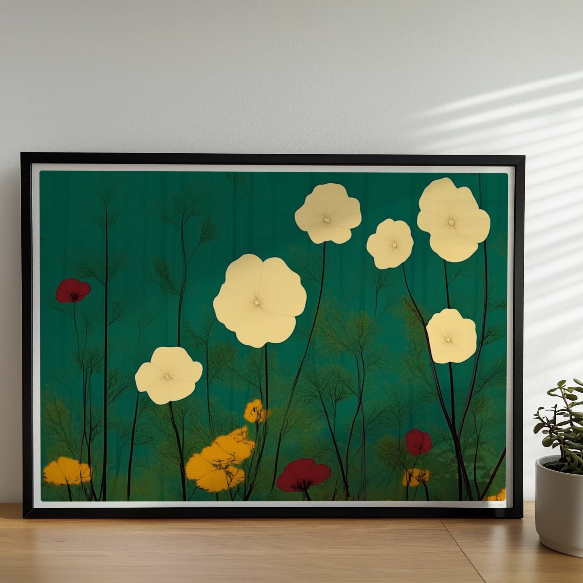 Zarte weiße und gelbe Blumen in ruhiger grüner Landschaft bei sanftem Licht – feine Details, beruhigende Optik.. Rahmen schwarz 70x50