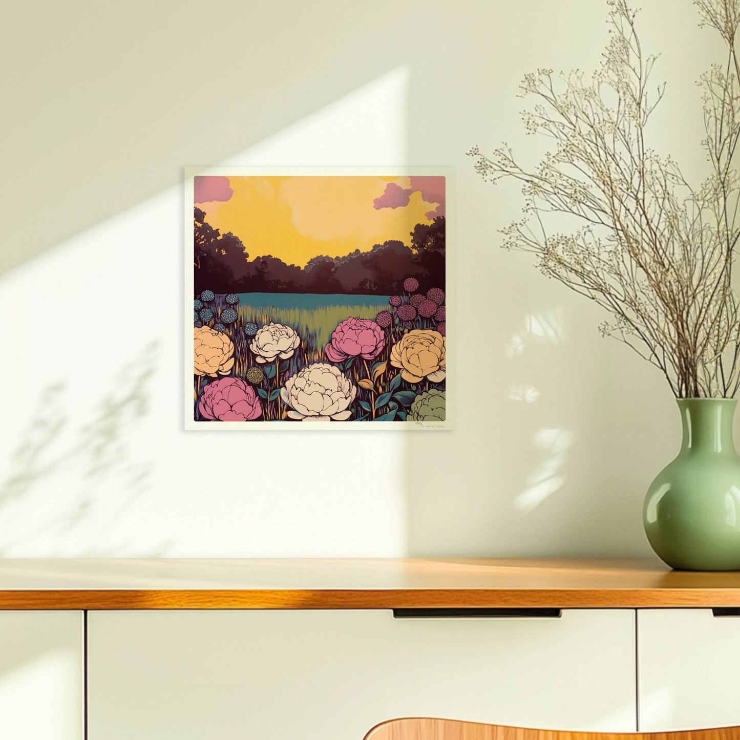 Bunte Blumenwiese mit weißen, rosa und gelben Blüten vor leuchtendem Sonnenuntergang und Wald – lebhafte Naturstimmung.. Ohne Rahmen 30x30