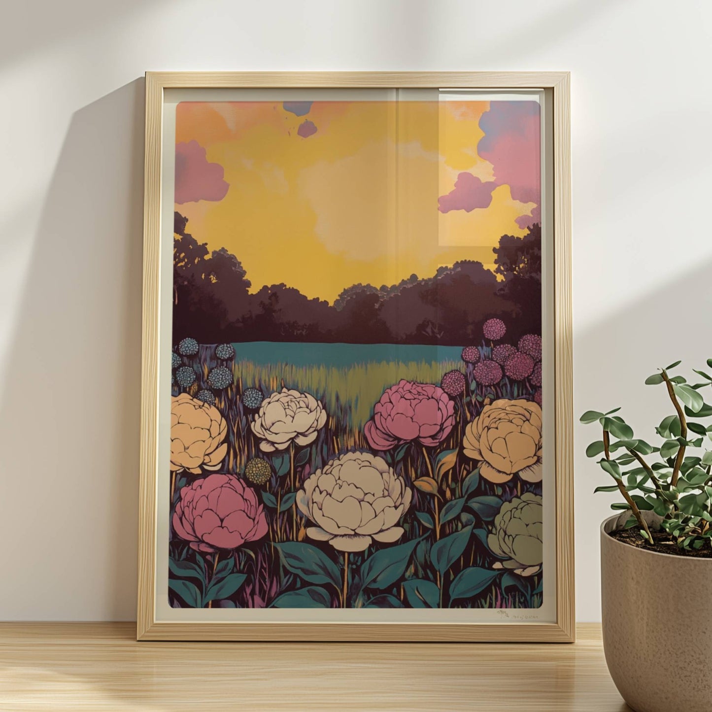 Bunte Blumenwiese mit weißen, rosa und gelben Blüten vor leuchtendem Sonnenuntergang und Wald – lebhafte Naturstimmung.. Rahmen natur 30x40