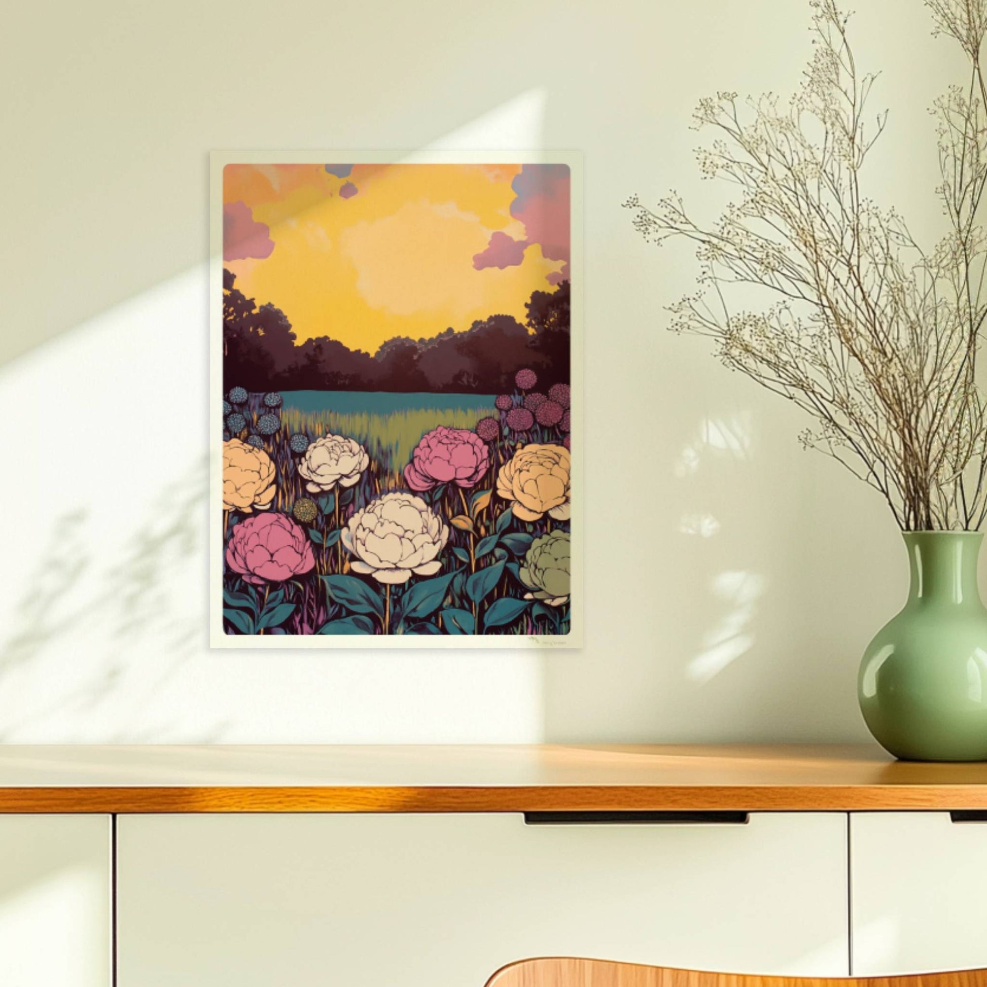 Bunte Blumenwiese mit weißen, rosa und gelben Blüten vor leuchtendem Sonnenuntergang und Wald – lebhafte Naturstimmung.. Ohne Rahmen 30x40