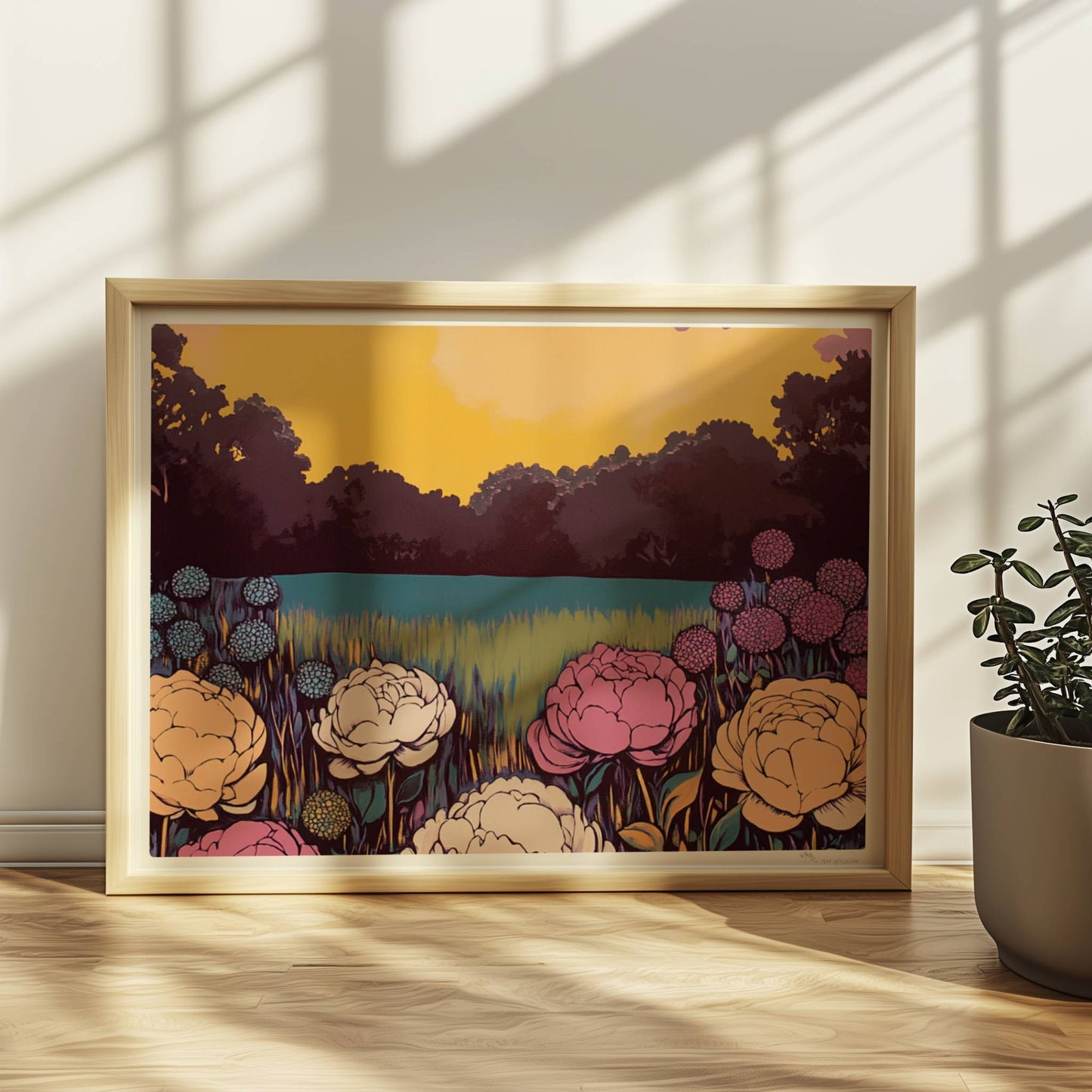 Bunte Blumenwiese mit weißen, rosa und gelben Blüten vor leuchtendem Sonnenuntergang und Wald – lebhafte Naturstimmung.. Rahmen natur 40x30