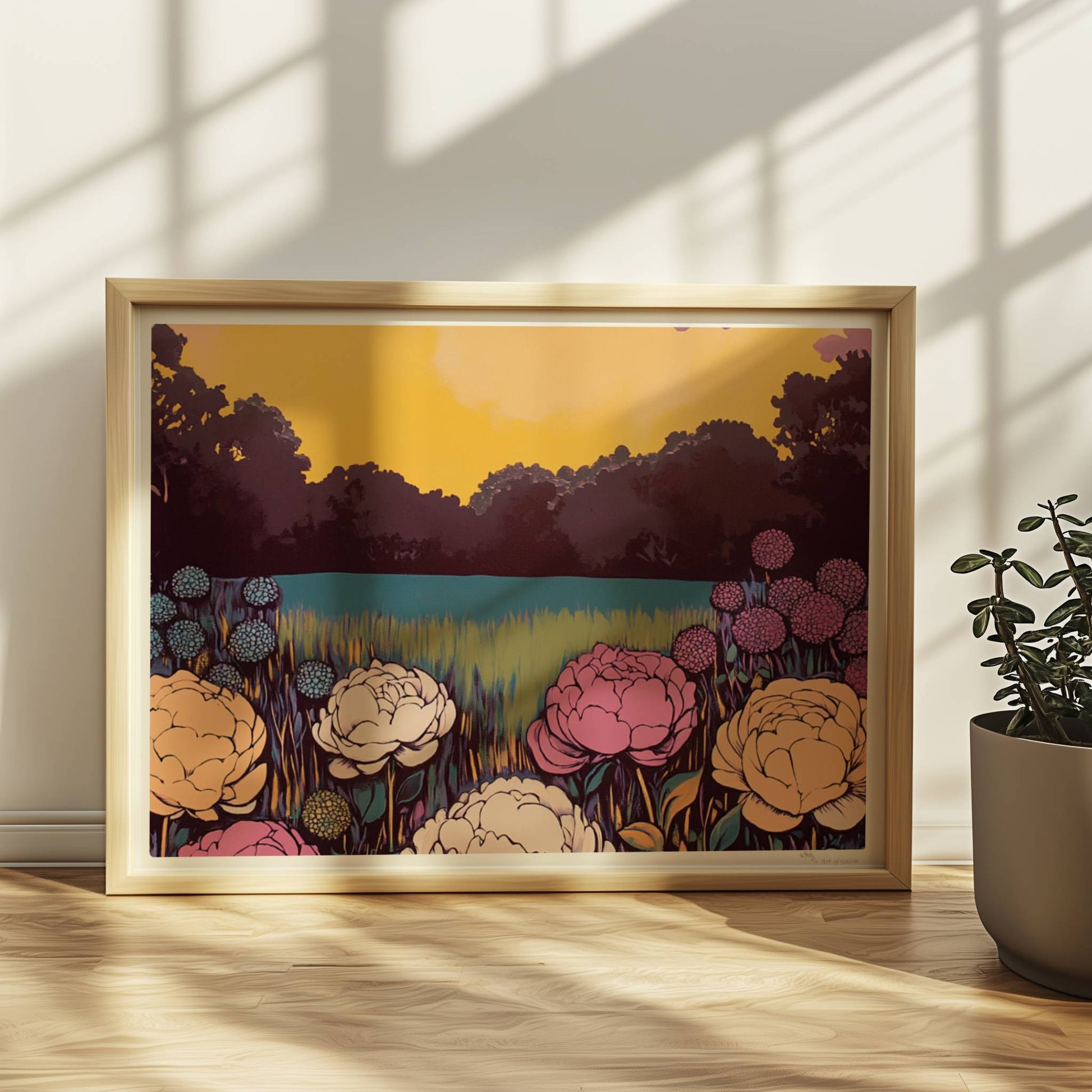 Bunte Blumenwiese mit weißen, rosa und gelben Blüten vor leuchtendem Sonnenuntergang und Wald – lebhafte Naturstimmung.. Rahmen natur 40x30