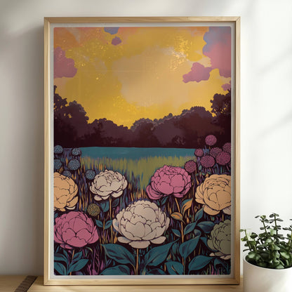 Bunte Blumenwiese mit weißen, rosa und gelben Blüten vor leuchtendem Sonnenuntergang und Wald – lebhafte Naturstimmung.. Rahmen natur 50x70