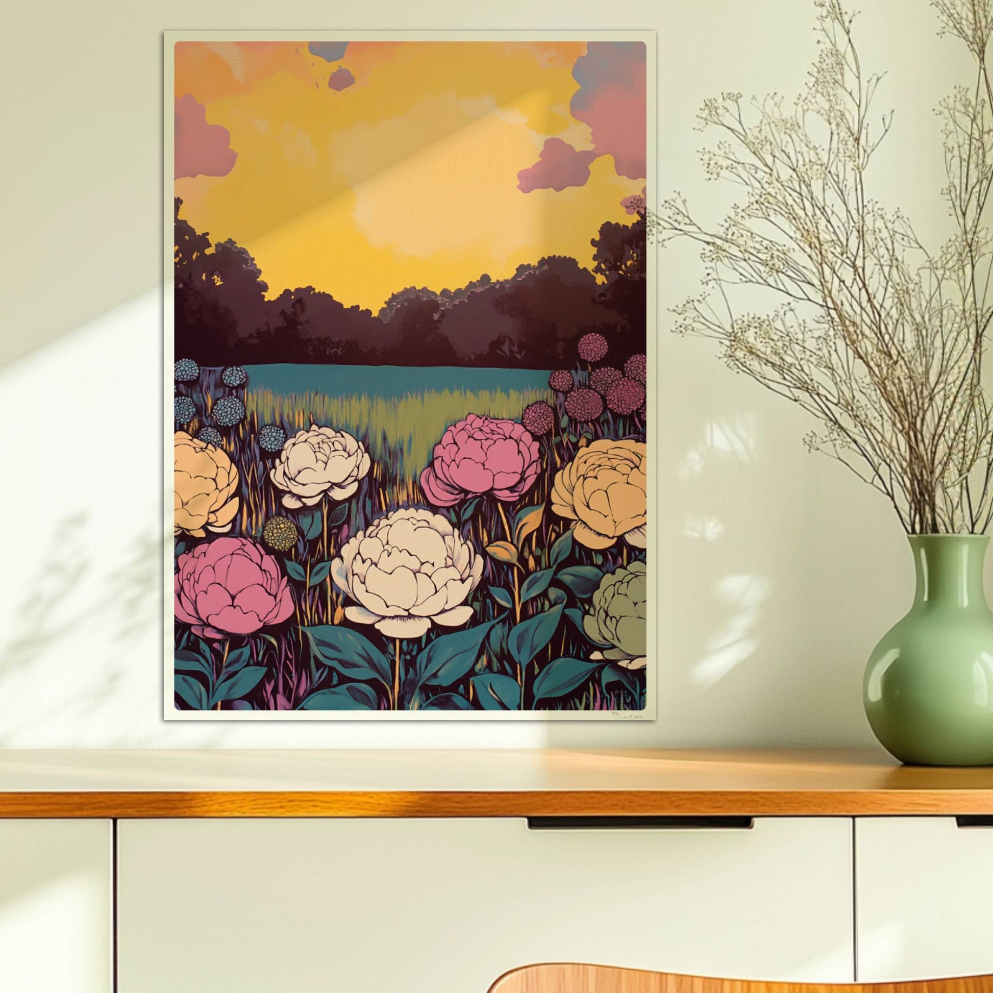 Bunte Blumenwiese mit weißen, rosa und gelben Blüten vor leuchtendem Sonnenuntergang und Wald – lebhafte Naturstimmung.. Ohne Rahmen 50x70