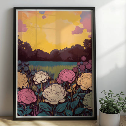 Bunte Blumenwiese mit weißen, rosa und gelben Blüten vor leuchtendem Sonnenuntergang und Wald – lebhafte Naturstimmung.. Rahmen schwarz 50x70