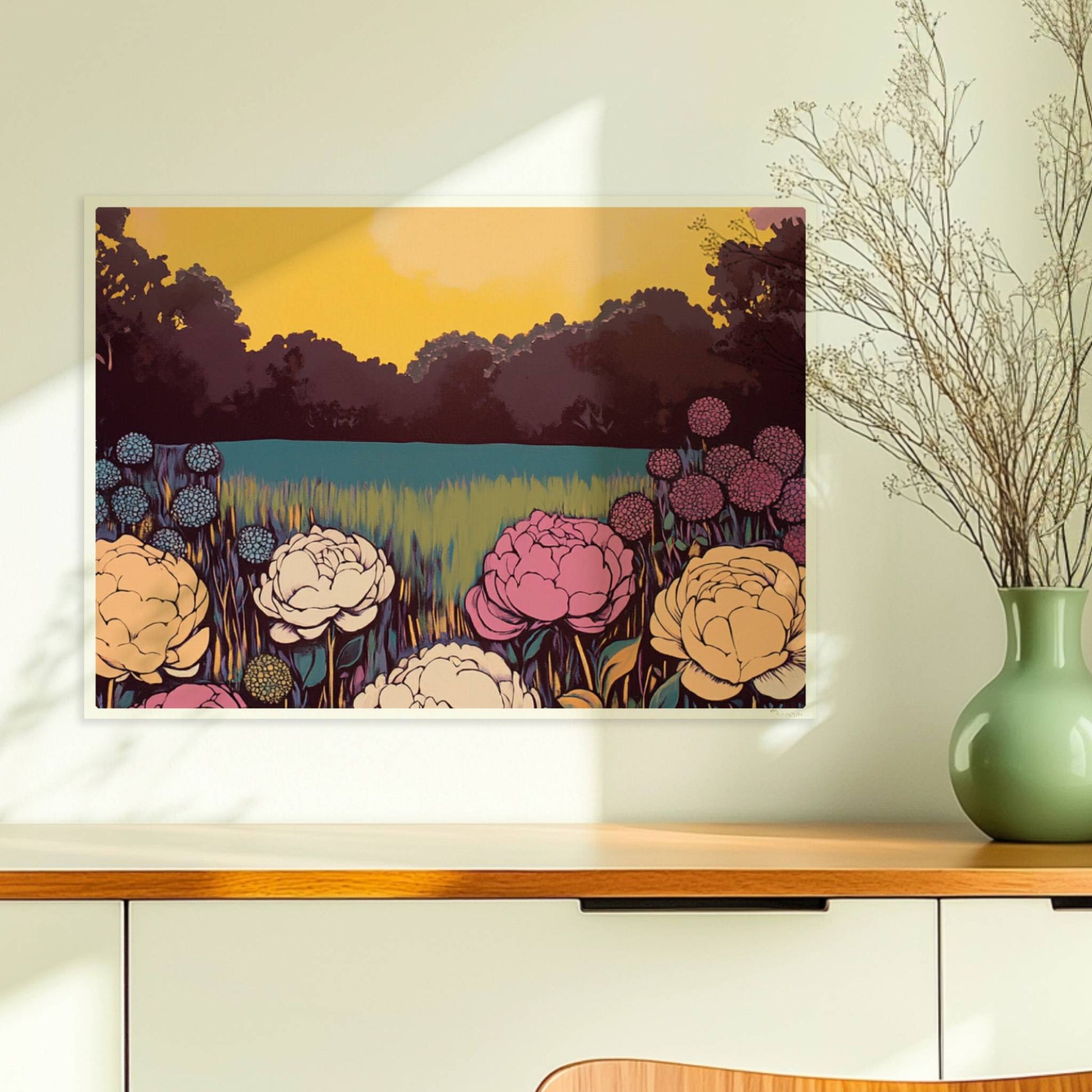 Bunte Blumenwiese mit weißen, rosa und gelben Blüten vor leuchtendem Sonnenuntergang und Wald – lebhafte Naturstimmung.. Ohne Rahmen 70x50