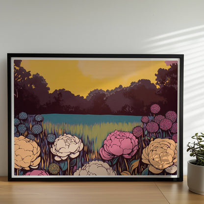 Bunte Blumenwiese mit weißen, rosa und gelben Blüten vor leuchtendem Sonnenuntergang und Wald – lebhafte Naturstimmung.. Rahmen schwarz 70x50