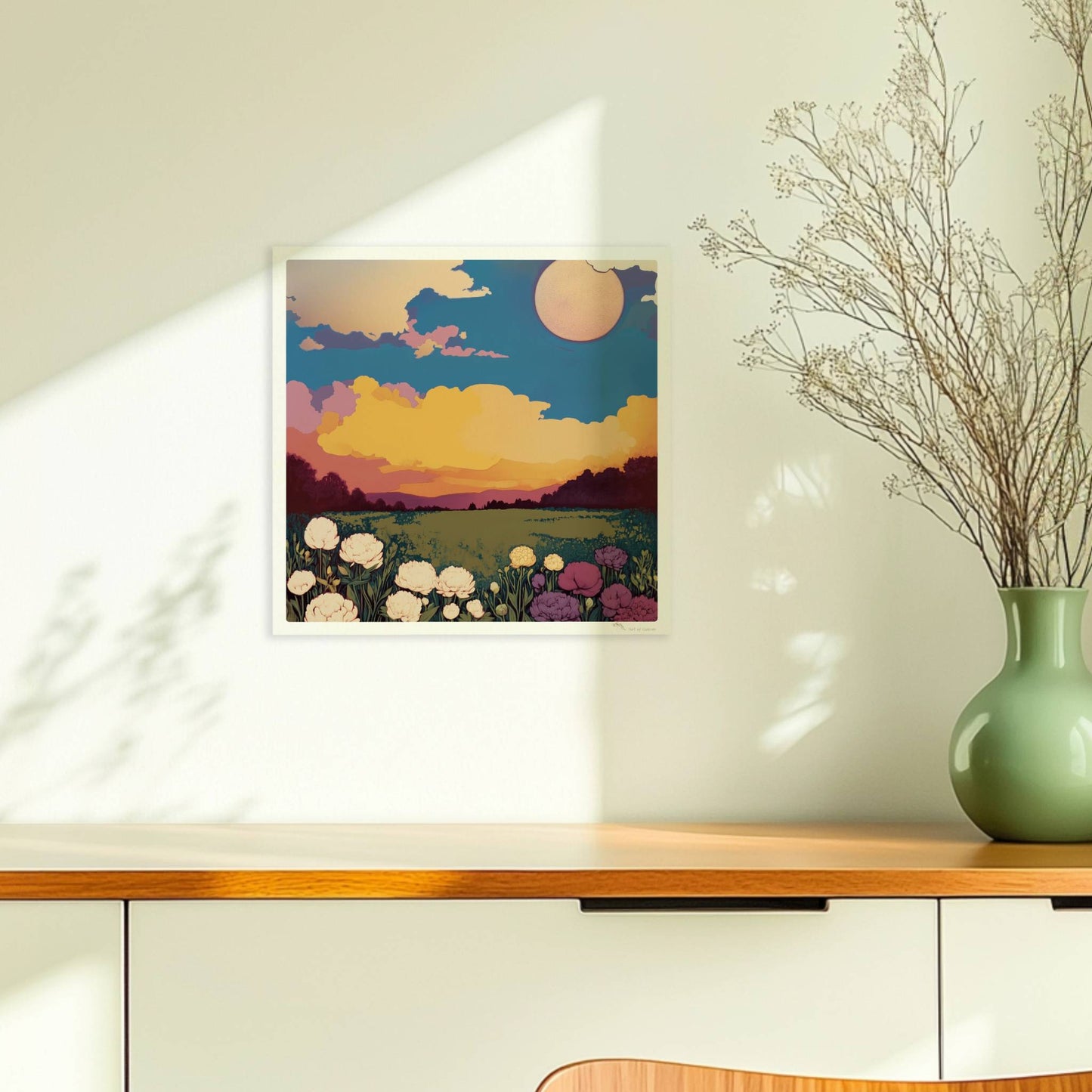 Blumenwiese mit üppigen weißen, violetten und rosa Blüten unter dramatischem Sonnenuntergang und großem Mond – magische Landschaft.. Ohne Rahmen 30x30