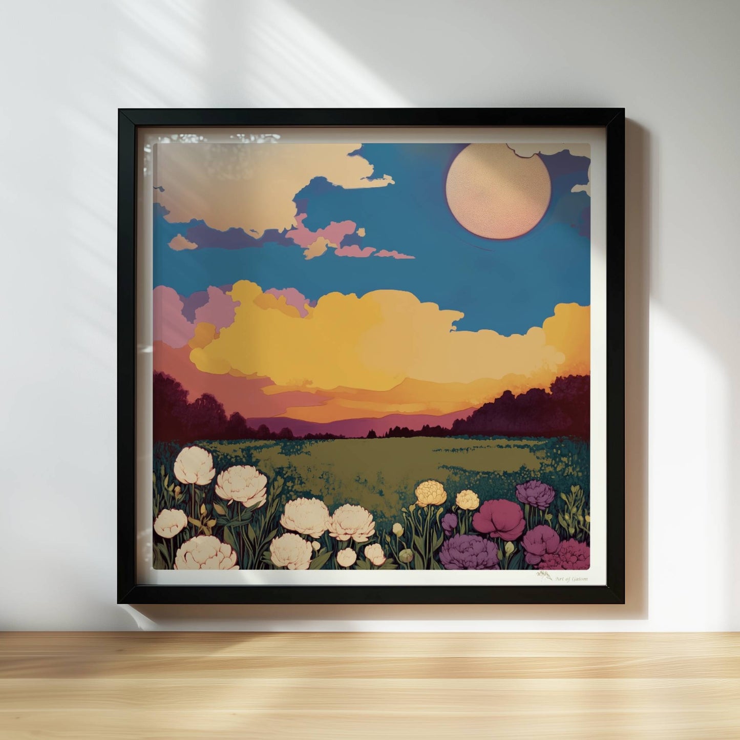 Blumenwiese mit üppigen weißen, violetten und rosa Blüten unter dramatischem Sonnenuntergang und großem Mond – magische Landschaft.. Rahmen schwarz 30x30