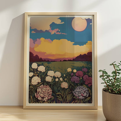 Blumenwiese mit üppigen weißen, violetten und rosa Blüten unter dramatischem Sonnenuntergang und großem Mond – magische Landschaft.. Rahmen natur 30x40