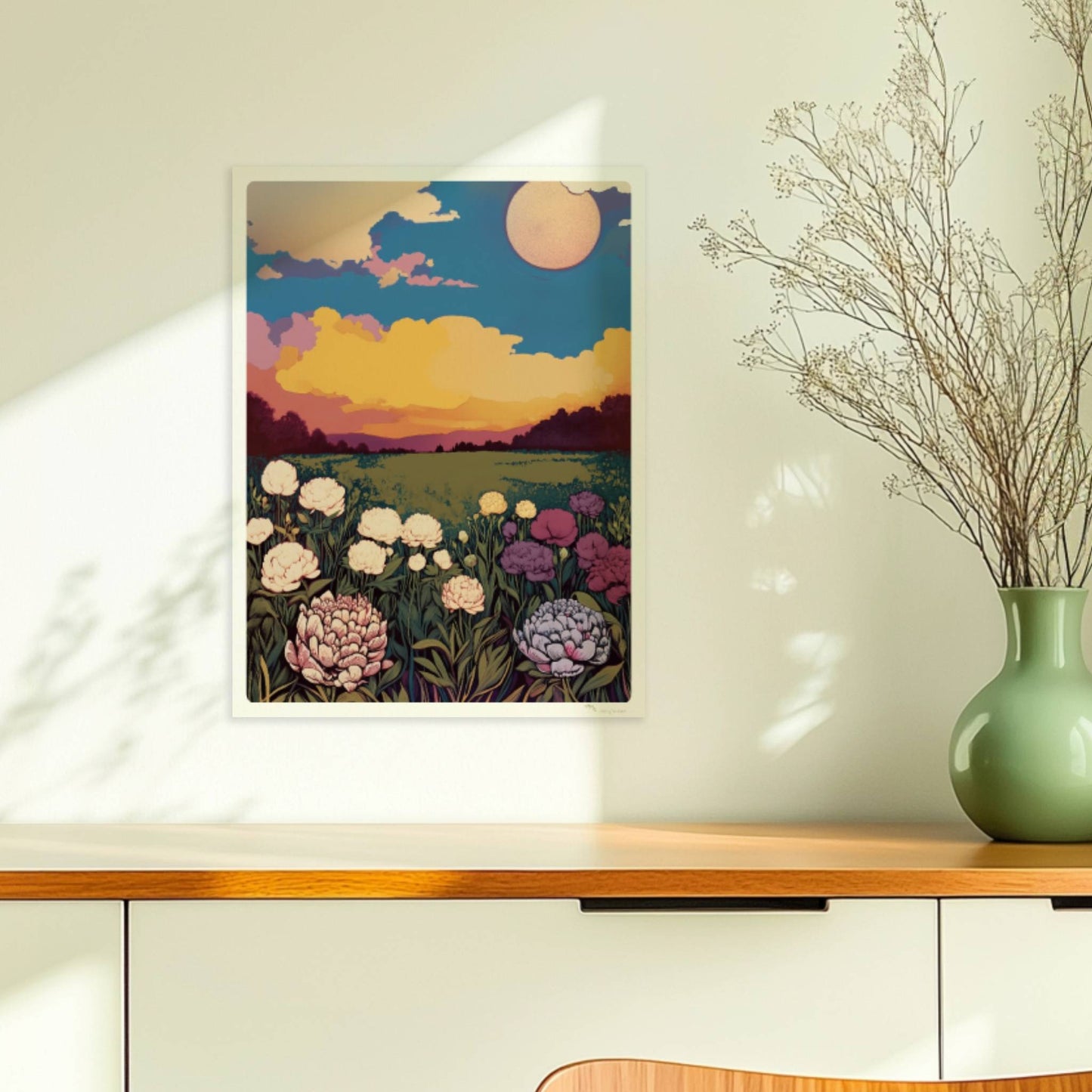 Blumenwiese mit üppigen weißen, violetten und rosa Blüten unter dramatischem Sonnenuntergang und großem Mond – magische Landschaft.. Ohne Rahmen 30x40
