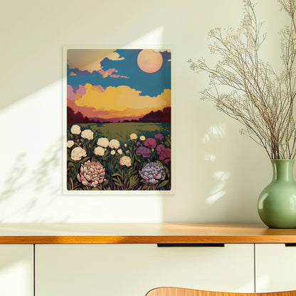 Blumenwiese mit üppigen weißen, violetten und rosa Blüten unter dramatischem Sonnenuntergang und großem Mond – magische Landschaft.. Ohne Rahmen 30x40