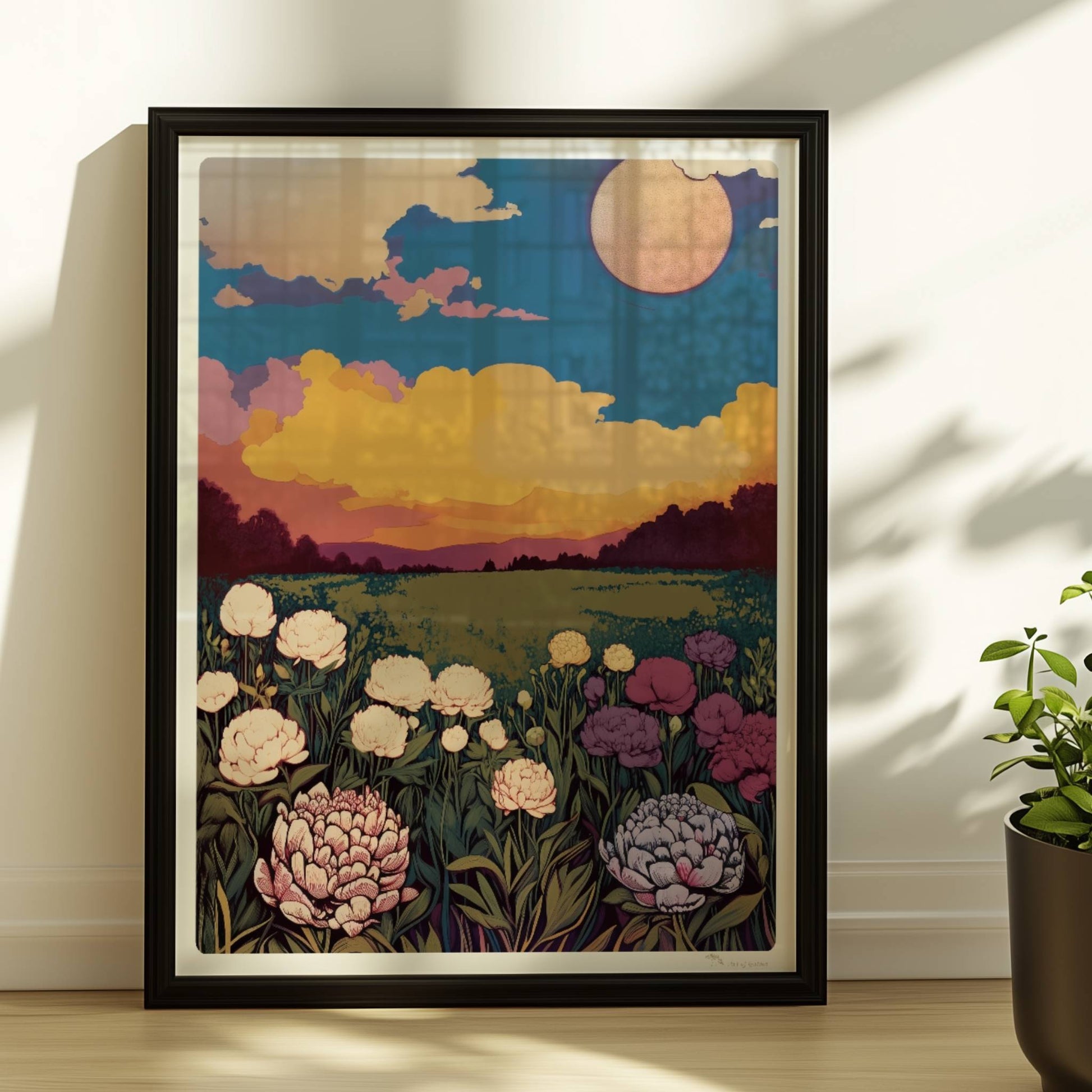 Blumenwiese mit üppigen weißen, violetten und rosa Blüten unter dramatischem Sonnenuntergang und großem Mond – magische Landschaft.. Rahmen schwarz 30x40