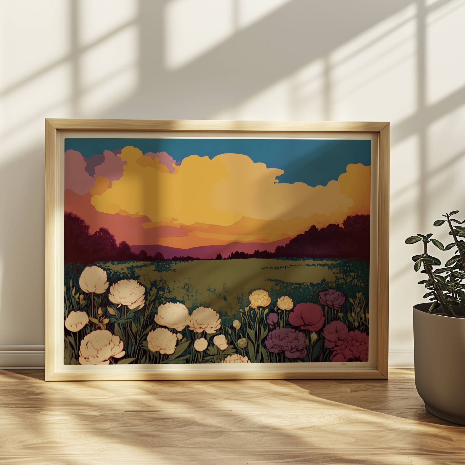 Blumenwiese mit üppigen weißen, violetten und rosa Blüten unter dramatischem Sonnenuntergang und großem Mond – magische Landschaft.. Rahmen natur 40x30