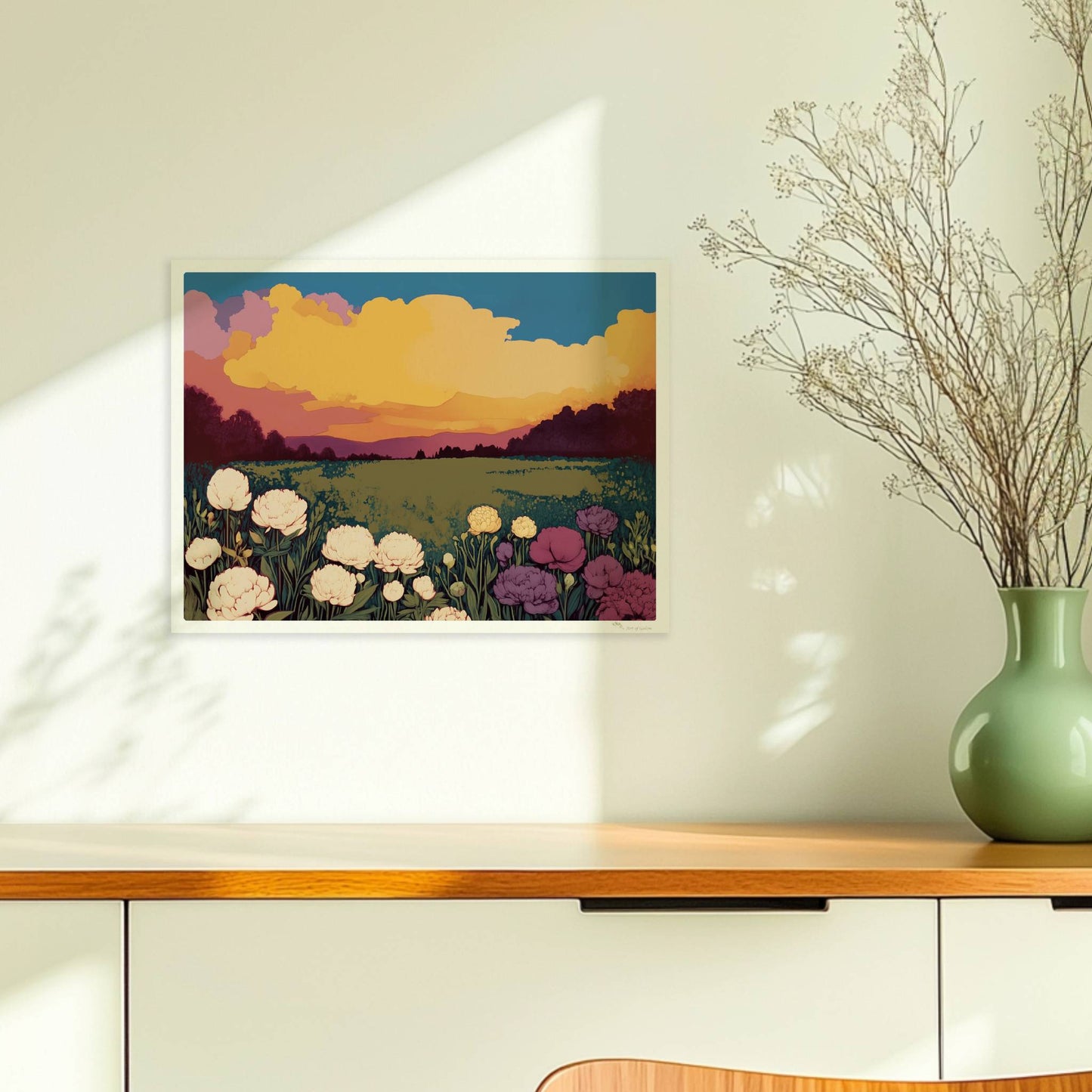 Blumenwiese mit üppigen weißen, violetten und rosa Blüten unter dramatischem Sonnenuntergang und großem Mond – magische Landschaft.. Ohne Rahmen 40x30