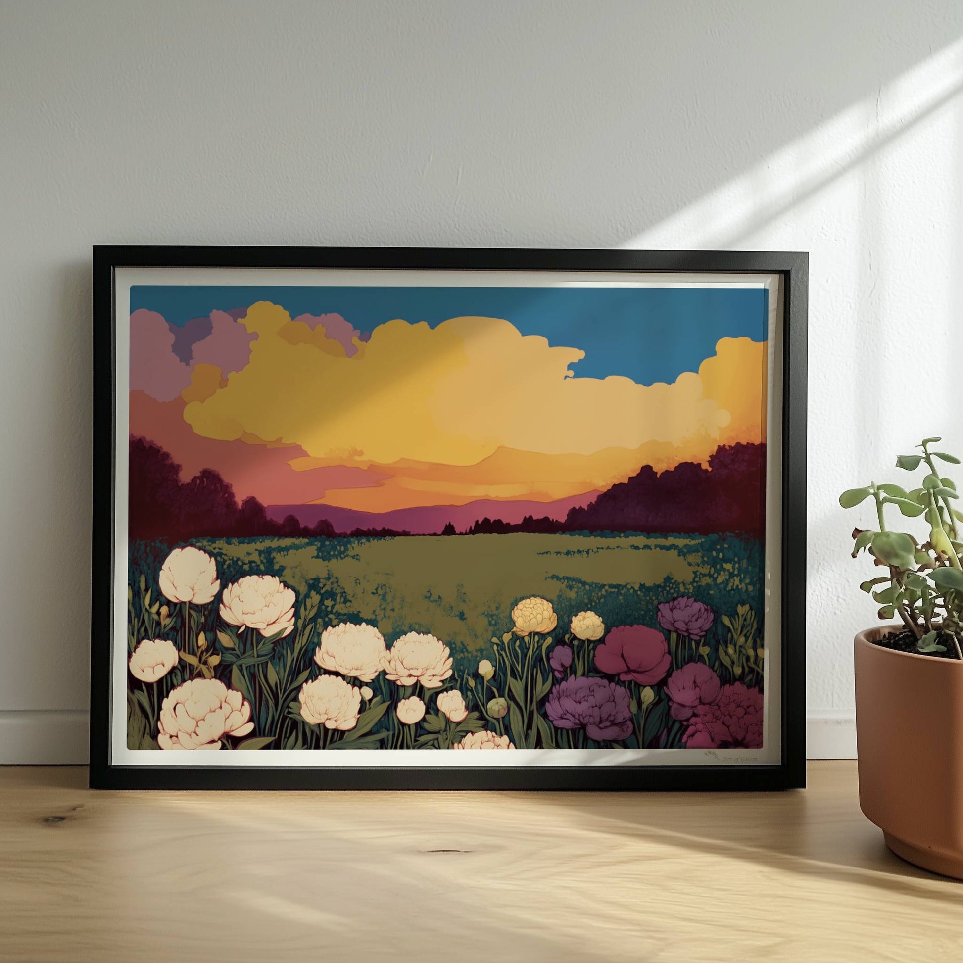 Blumenwiese mit üppigen weißen, violetten und rosa Blüten unter dramatischem Sonnenuntergang und großem Mond – magische Landschaft.. Rahmen schwarz 40x30