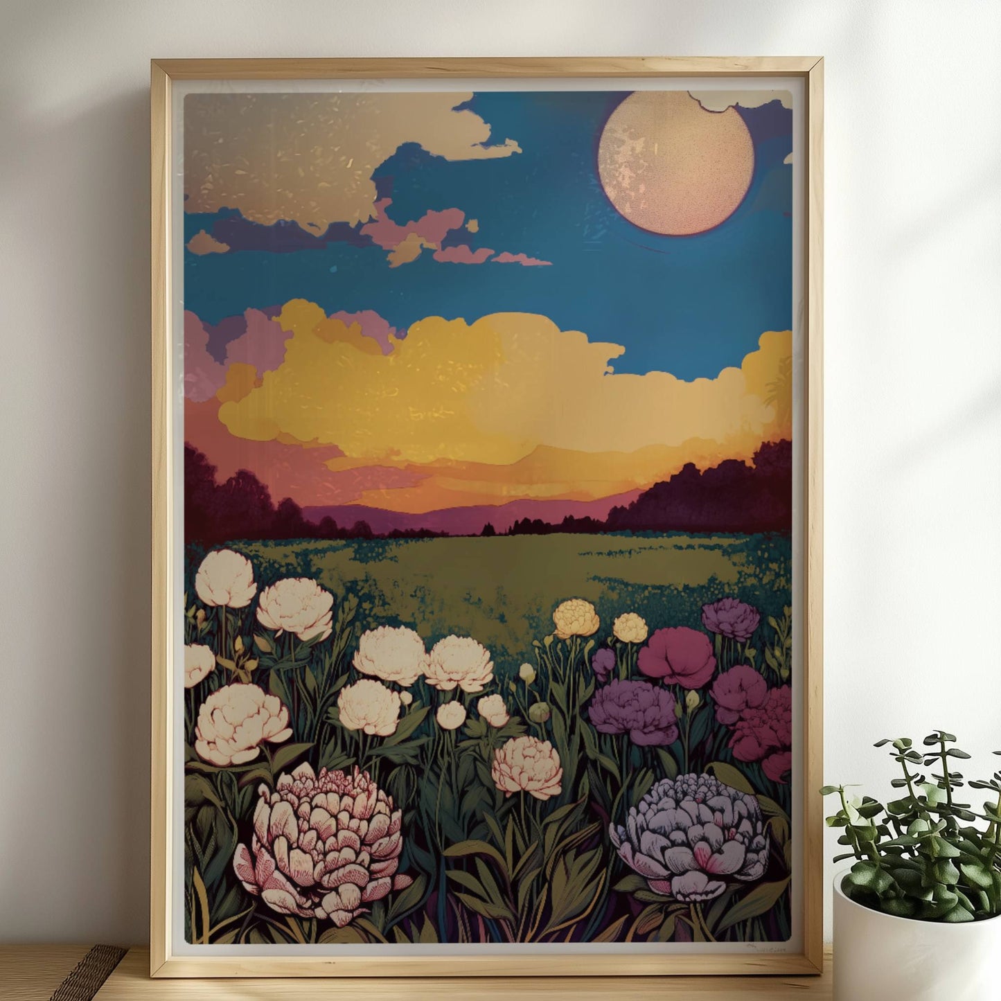 Blumenwiese mit üppigen weißen, violetten und rosa Blüten unter dramatischem Sonnenuntergang und großem Mond – magische Landschaft.. Rahmen natur 50x70