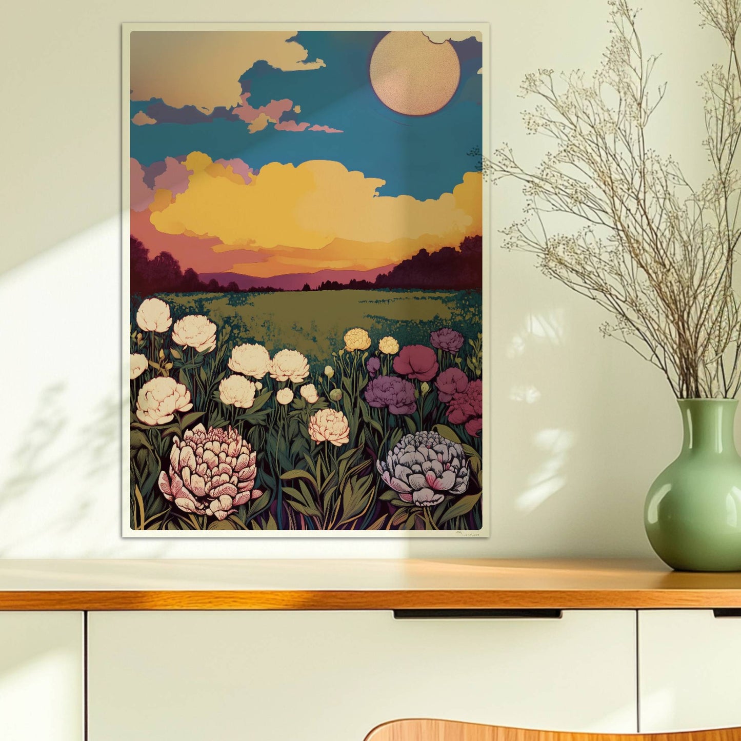 Blumenwiese mit üppigen weißen, violetten und rosa Blüten unter dramatischem Sonnenuntergang und großem Mond – magische Landschaft.. Ohne Rahmen 50x70