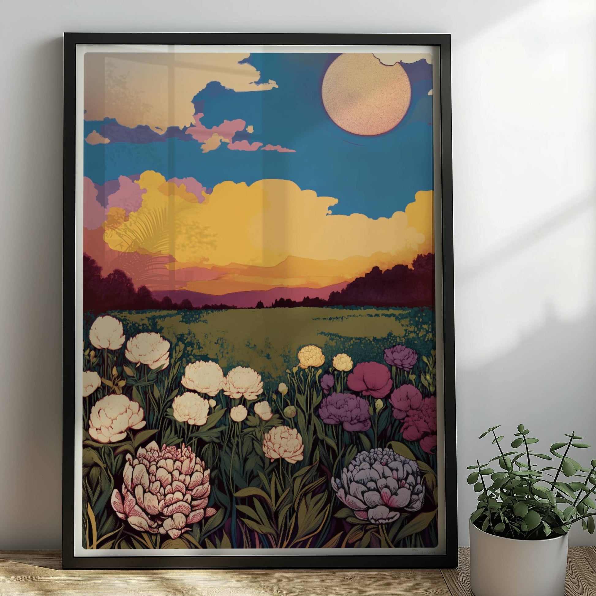 Blumenwiese mit üppigen weißen, violetten und rosa Blüten unter dramatischem Sonnenuntergang und großem Mond – magische Landschaft.. Rahmen schwarz 50x70