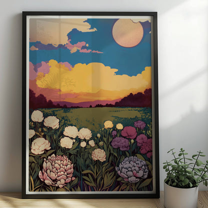Blumenwiese mit üppigen weißen, violetten und rosa Blüten unter dramatischem Sonnenuntergang und großem Mond – magische Landschaft.. Rahmen schwarz 50x70