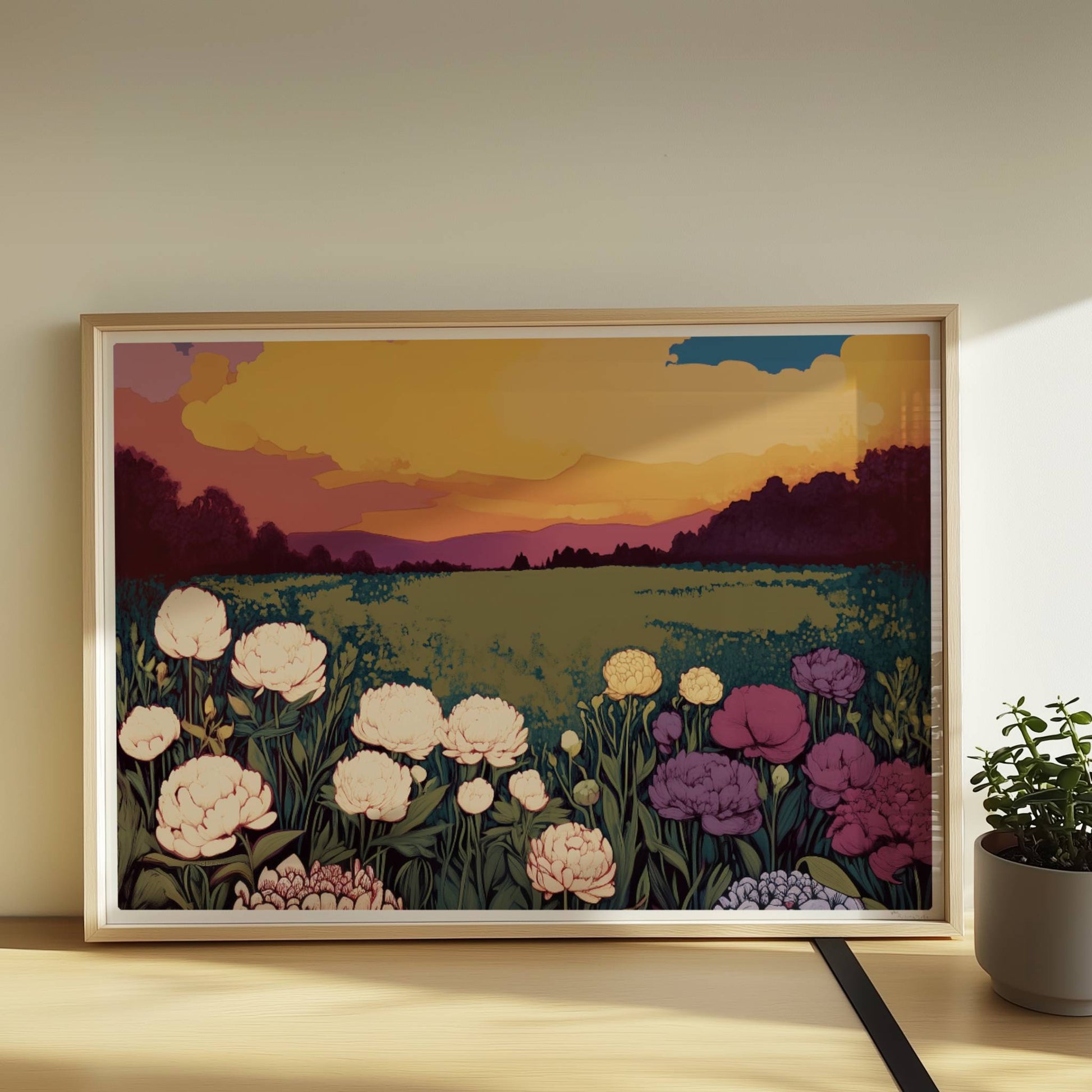 Blumenwiese mit üppigen weißen, violetten und rosa Blüten unter dramatischem Sonnenuntergang und großem Mond – magische Landschaft.. Rahmen natur 70x50