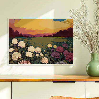 Blumenwiese mit üppigen weißen, violetten und rosa Blüten unter dramatischem Sonnenuntergang und großem Mond – magische Landschaft.. Ohne Rahmen 70x50