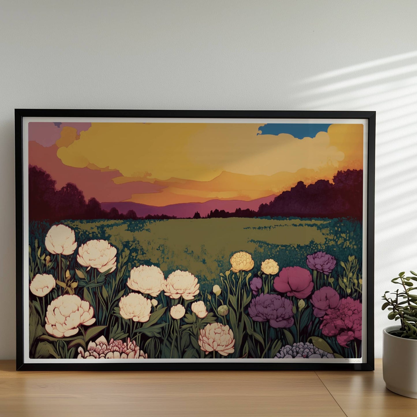 Blumenwiese mit üppigen weißen, violetten und rosa Blüten unter dramatischem Sonnenuntergang und großem Mond – magische Landschaft.. Rahmen schwarz 70x50