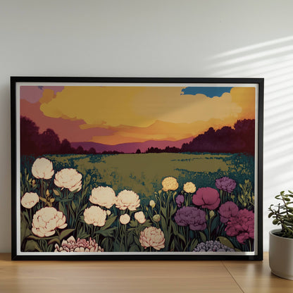 Blumenwiese mit üppigen weißen, violetten und rosa Blüten unter dramatischem Sonnenuntergang und großem Mond – magische Landschaft.. Rahmen schwarz 70x50
