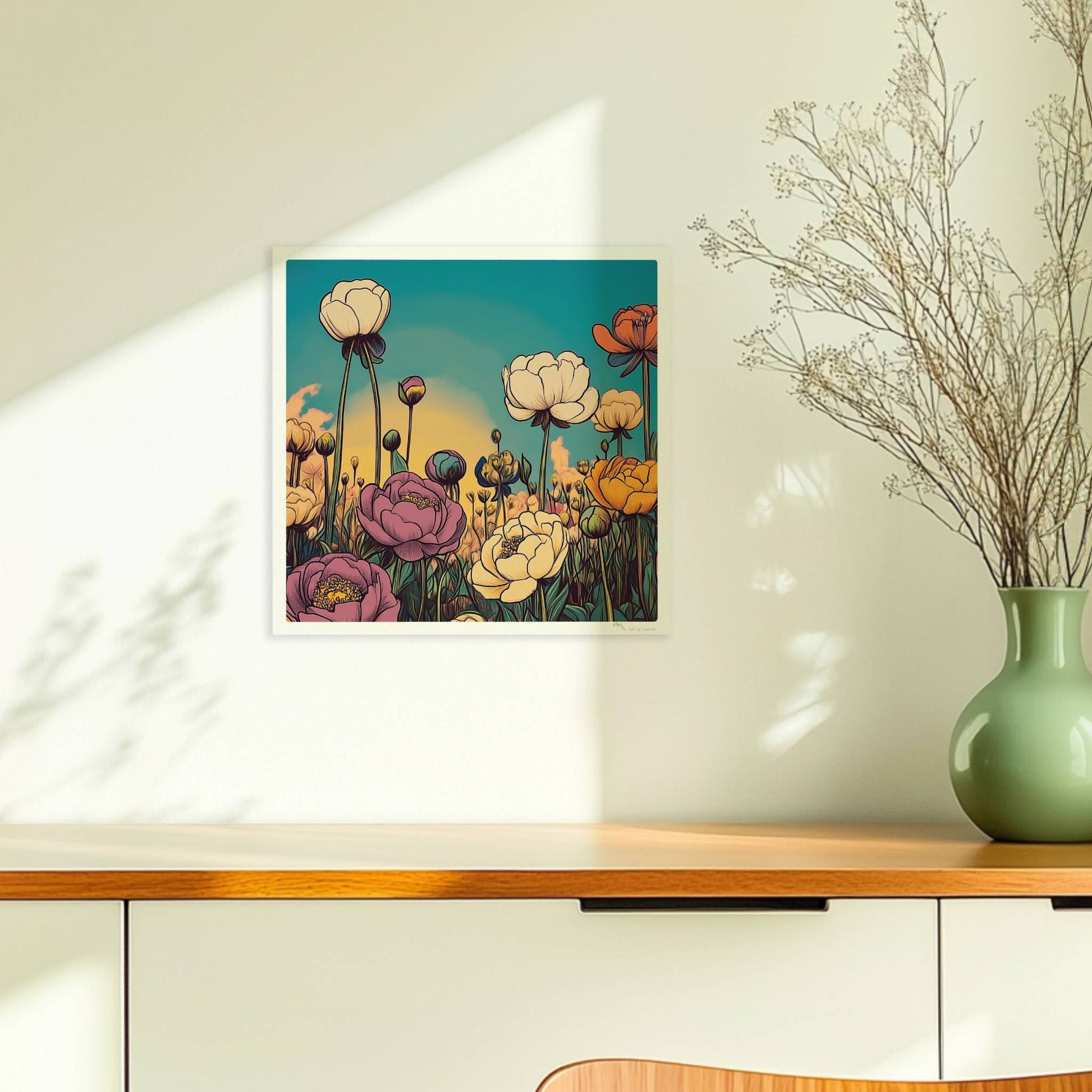 Pfingstrosenblüten in Nahaufnahme vor warmem orangefarbenem Himmel, umgeben von üppigem Grün und pastellfarbenen Wolken – stimmungsvolle Naturkunst.. Ohne Rahmen 30x30